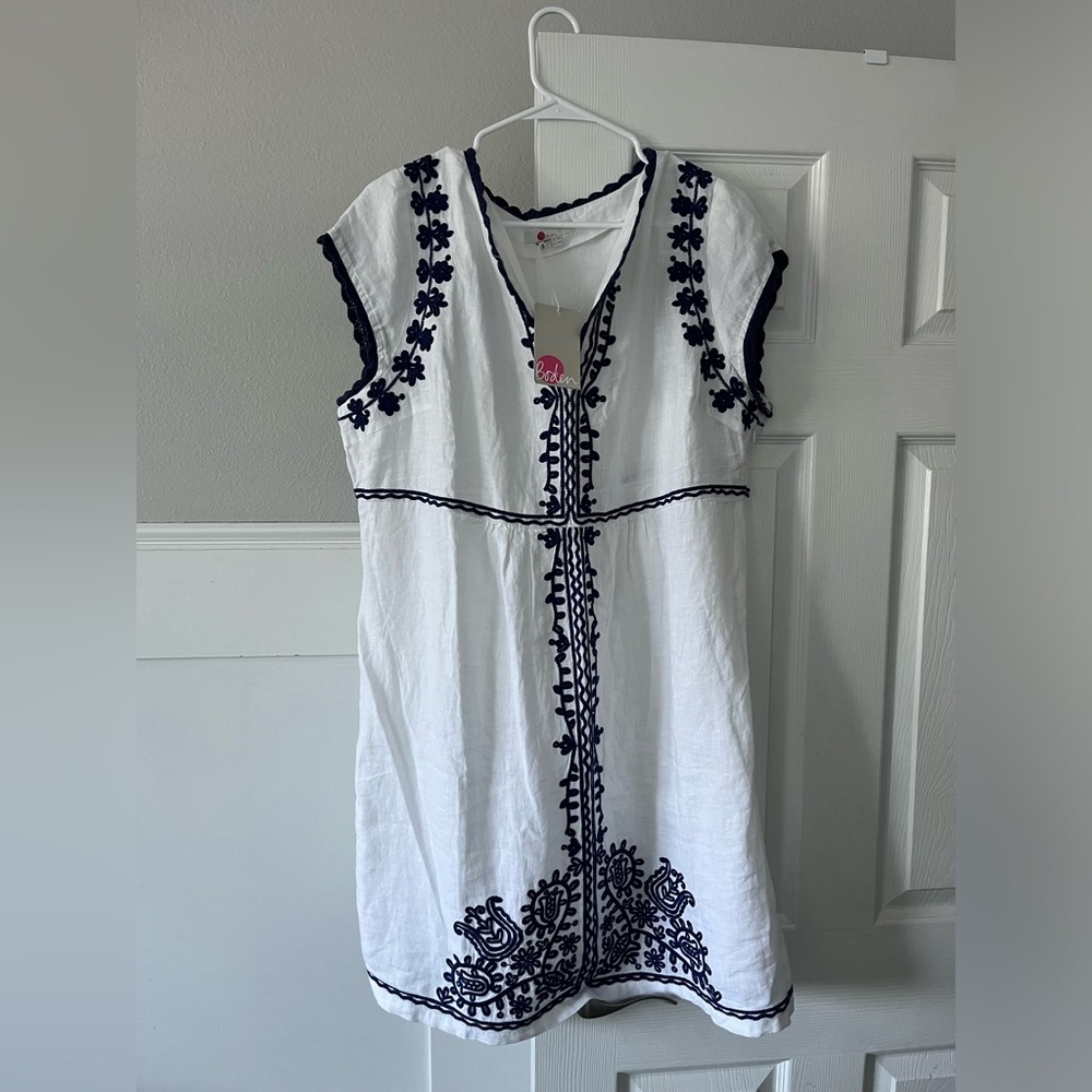 White & Navy Embroidered Boden Dress